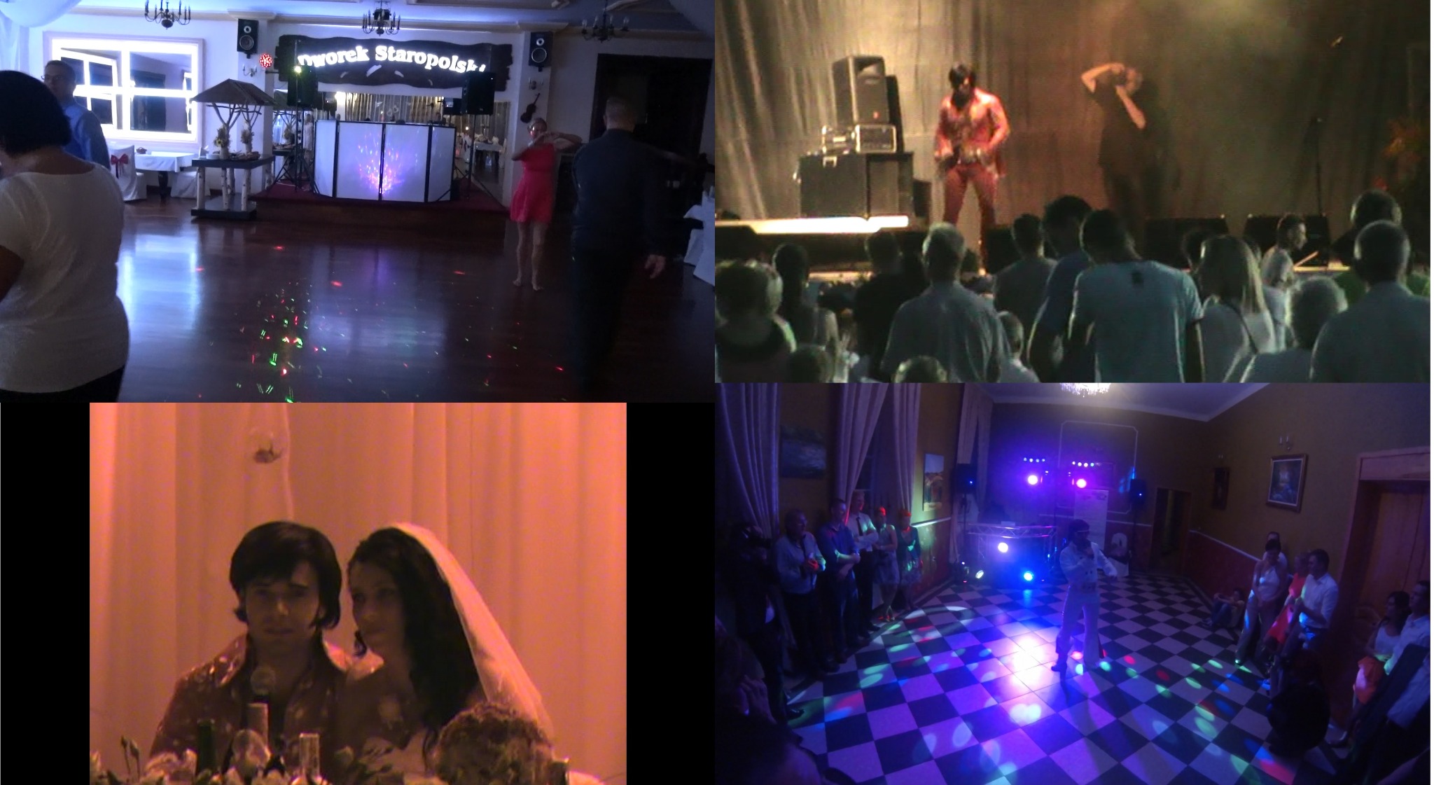 Kompozycja czterech ujęć z imprez: sala z DJ-em i tańczącymi gośćmi, występ zespołu na scenie, para młoda przy stole prezydialnym oraz wokalista na parkiecie w klubie.