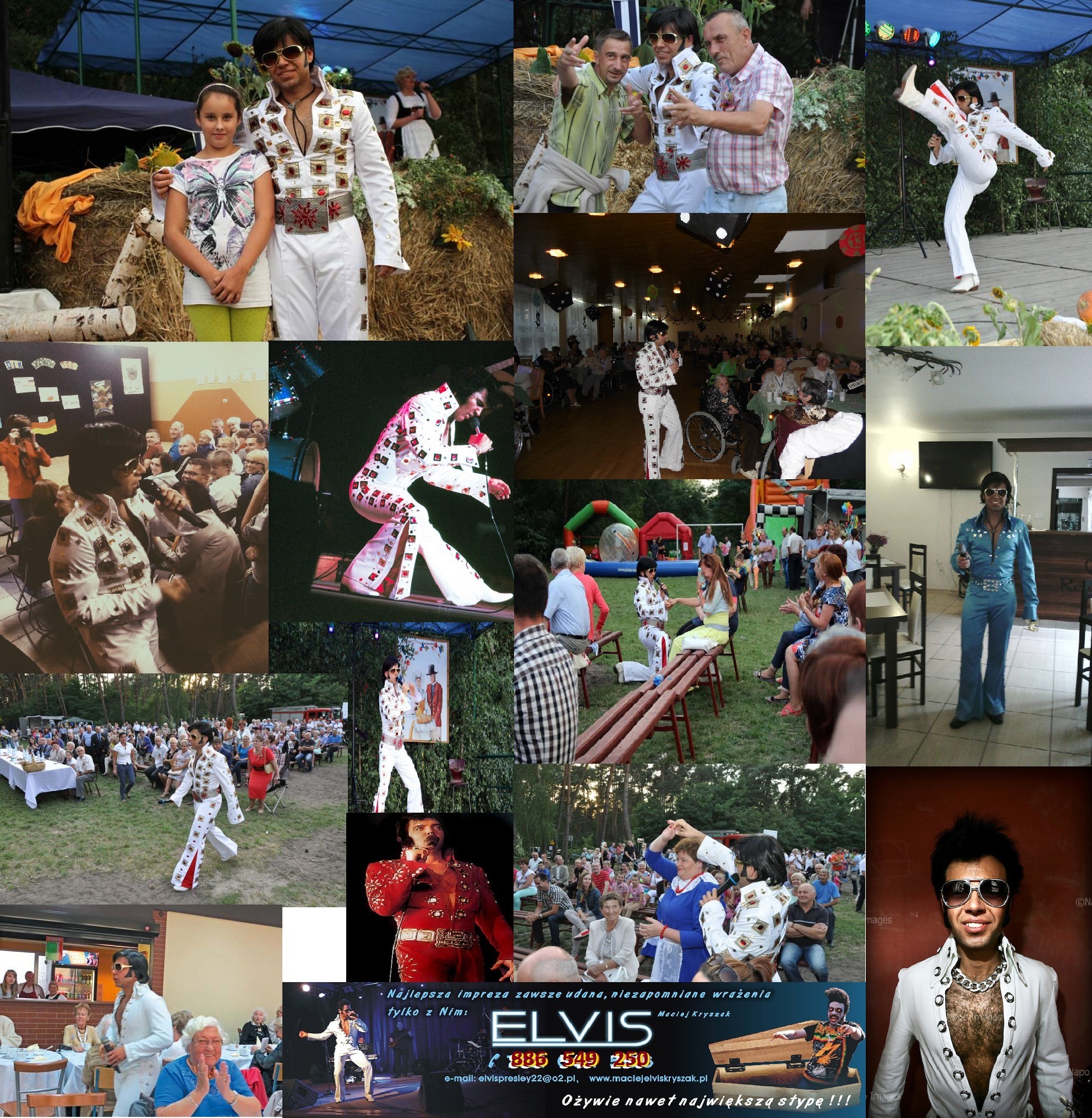 Kolaż zdjęć przedstawiających mężczyznę przebranego za Elvisa Presleya podczas różnych występów i sesji zdjęciowych, w tym na scenie, z publicznością i w studio.