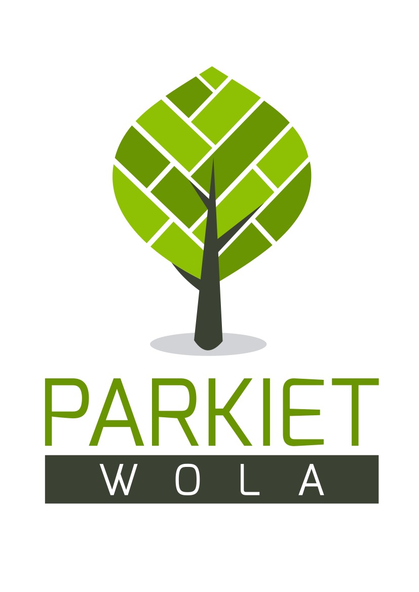 Graficzne logo firmy z zielonym drzewem zbudowanym z paneli i napisem PARKIET WOLA