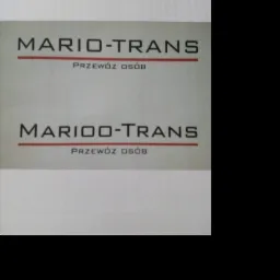 Dwa logotypy firmy Mario-Trans z czerwonym podkreśleniem i napisem 'Przewóz osób' pod spodem, umieszczone na jasnym tle.