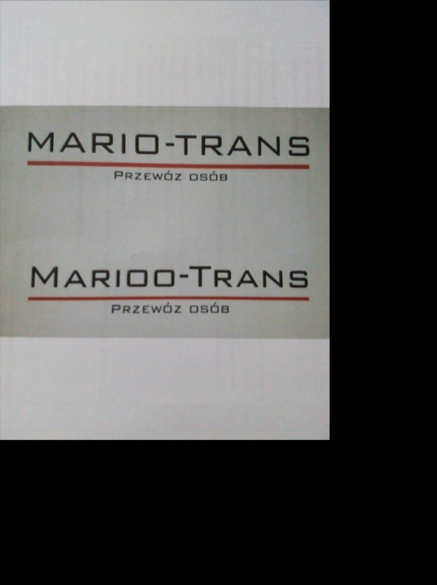 Dwa logotypy firmy Mario-Trans z czerwonym podkreśleniem i napisem 'Przewóz osób' pod spodem, umieszczone na jasnym tle.