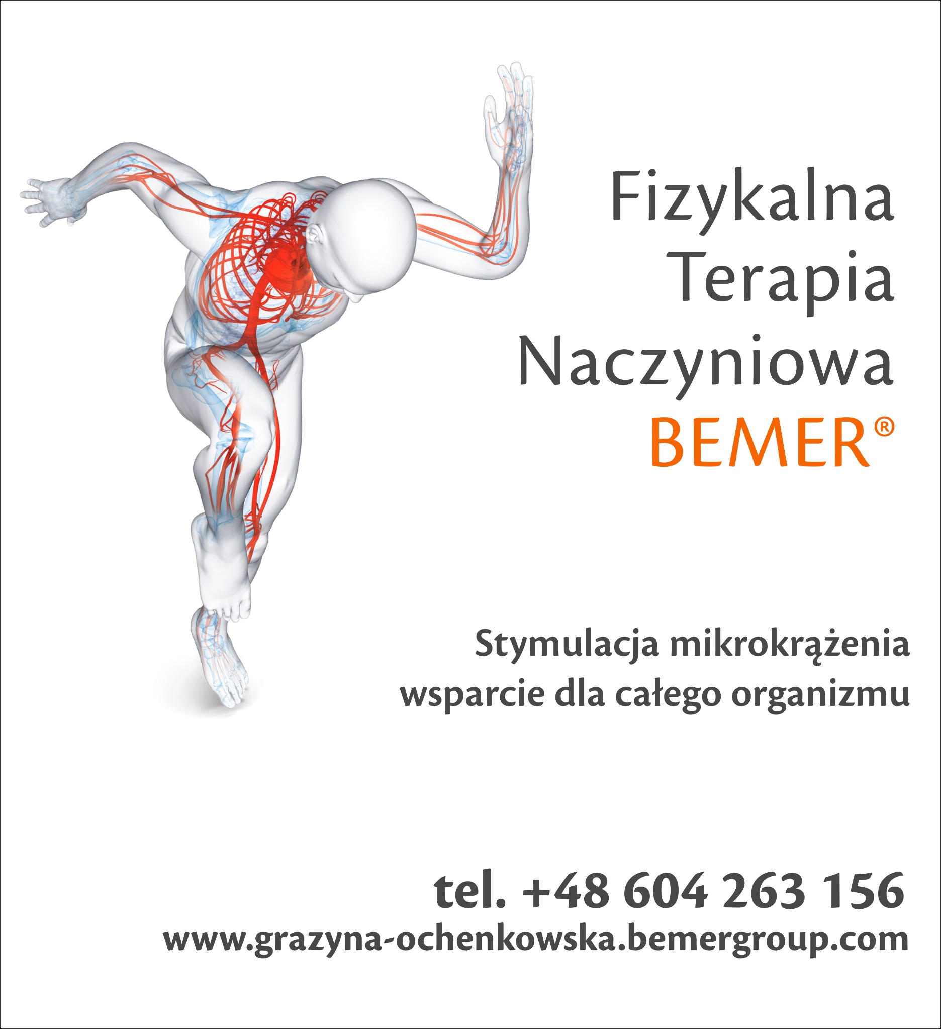 Grafika 3D prezentująca układ krwionośny człowieka, obok napis 'Fizykalna Terapia Naczyniowa BEMER'. Stymulacja mikrokrążenia, wsparcie dla organizmu.
