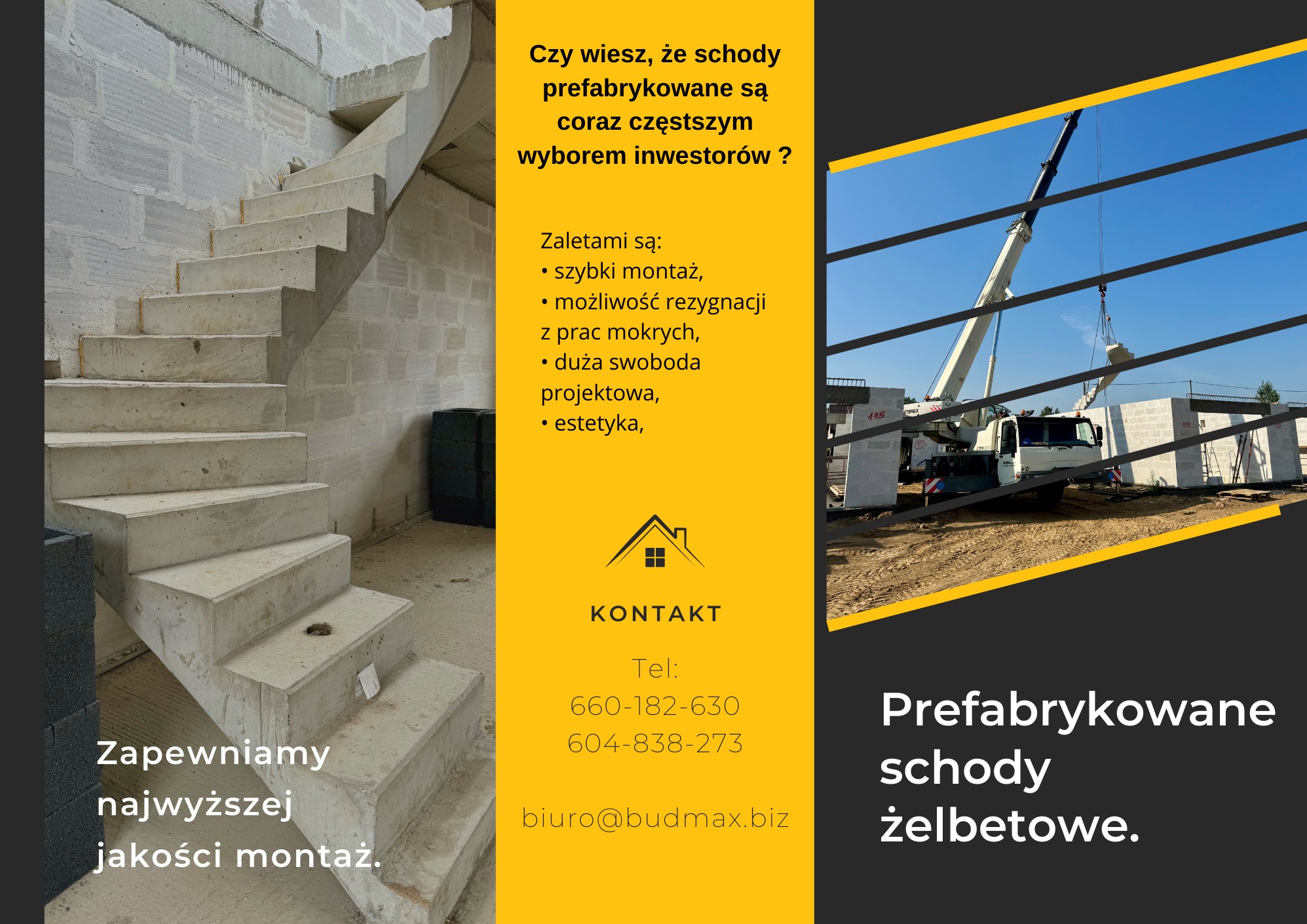 Montaż prefabrykowanych schodów żelbetowych w Gajewie. Widoczny dźwig podczas instalacji elementu. Schody w surowym stanie, gotowe do wykończenia.