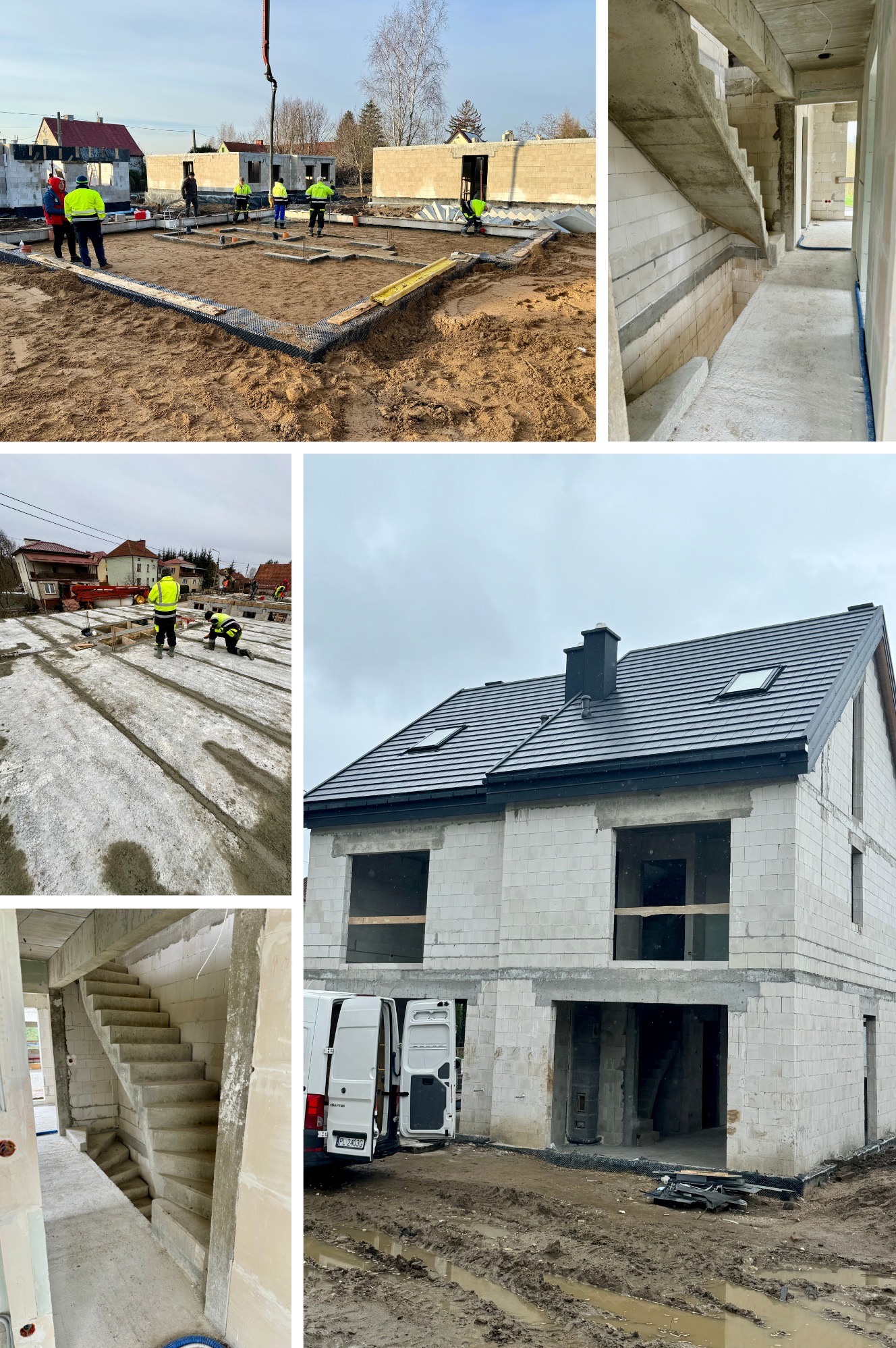 Wielopanelowe ujęcie budowy domu: fundamenty z pracownikami, wnętrze w surowym stanie, oraz dwukondygnacyjny budynek z dachem, z widocznym samochodem dostawczym.