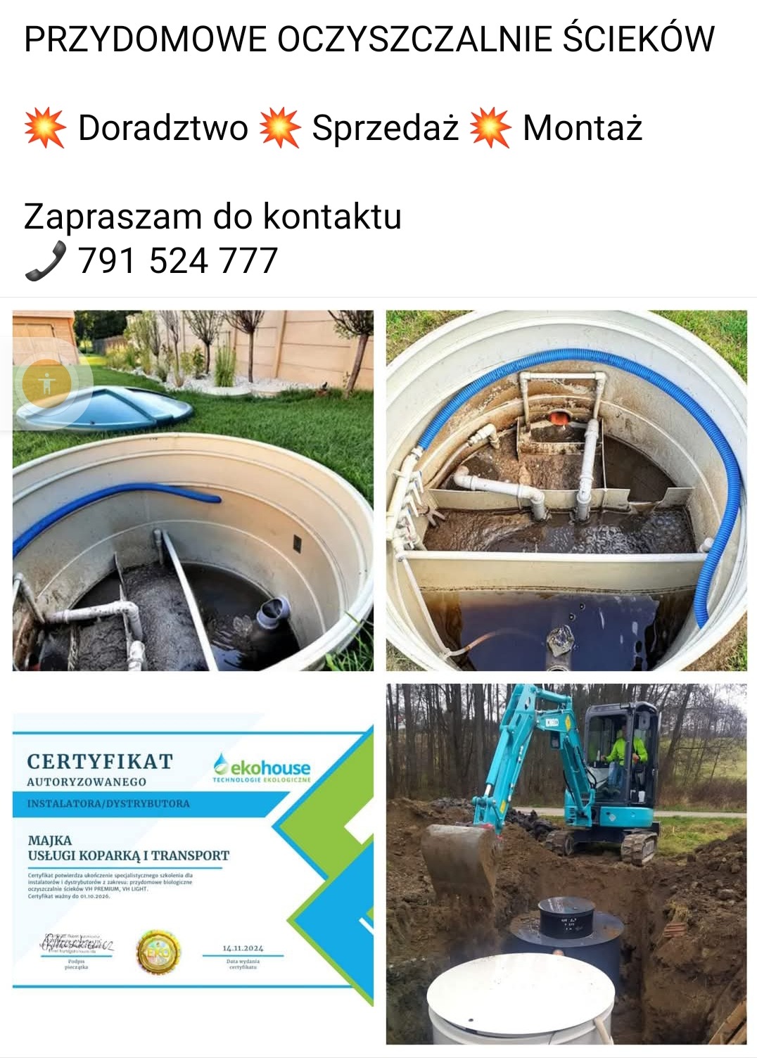 Cztery kadry: instalacja przydomowej oczyszczalni ścieków, widok z góry na wnętrze zbiornika z niebieskim wężem, certyfikat autoryzowanego instalatora EkoHouse, minikoparka podczas prac ziemnych...