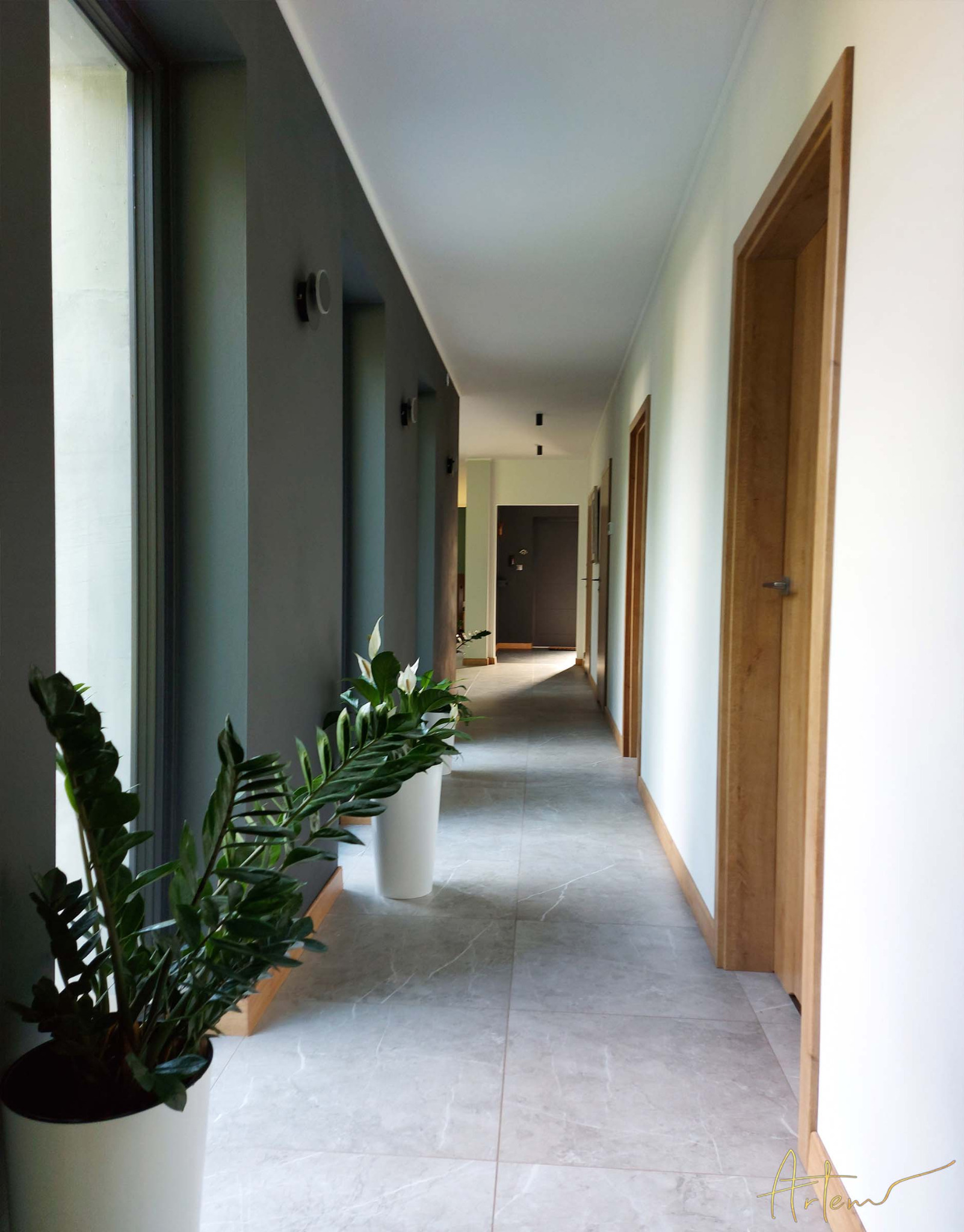Długi korytarz w nowoczesnym stylu z szarymi ścianami, jasnymi płytkami podłogowymi imitującymi marmur, drewnianymi drzwiami i roślinami doniczkowymi w białych osłonkach przy oknie.
