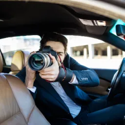 Mężczyzna w garniturze siedzi w samochodzie i robi zdjęcia profesjonalnym aparatem z dużym obiektywem.