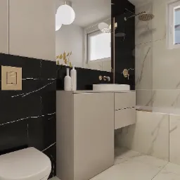 Wizualizacja nowoczesnej łazienki z czarnymi marmurowymi ścianami, beżową szafką pod umywalką, białym sedesem i wanną obłożoną białymi marmurowymi płytkami.