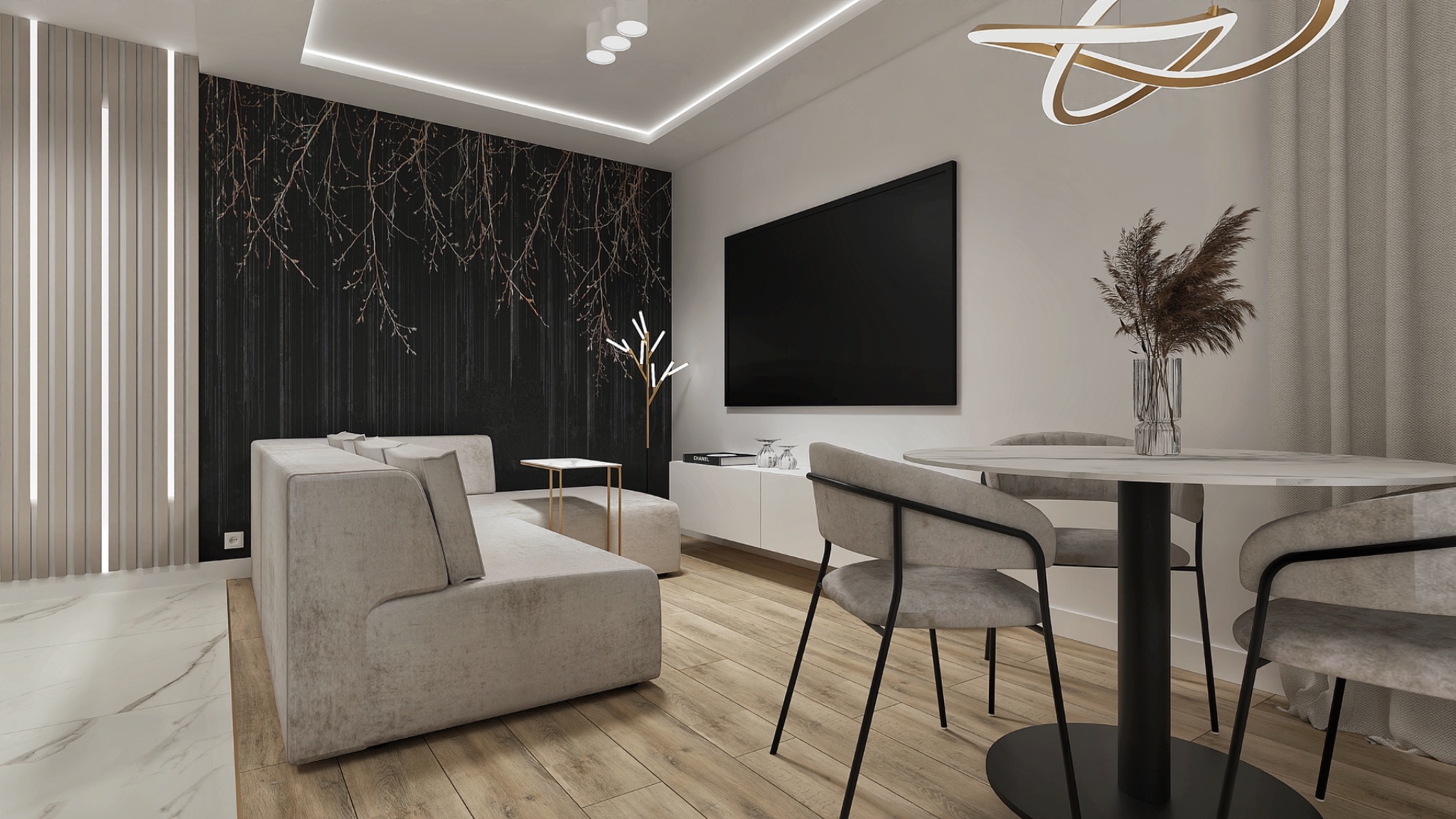 Nowoczesny salon z szarą sofą narożną, okrągłym stołem z marmurowym blatem i krzesłami, czarną ścianą z motywem gałęzi, telewizorem i dekoracyjnym oświetleniem.