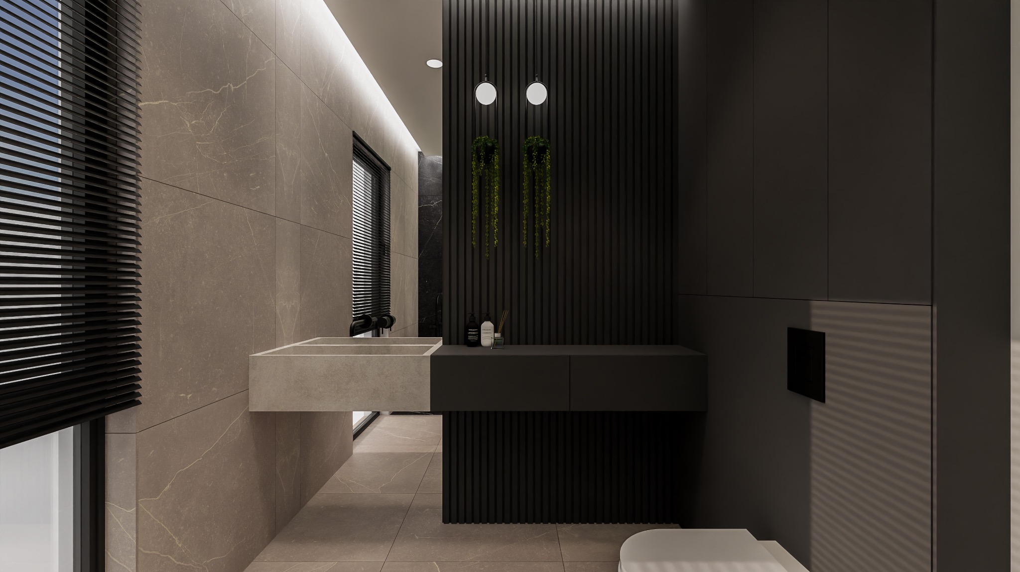 Nowoczesna łazienka z beżowymi płytkami imitującymi marmur, wiszącą umywalką z betonu architektonicznego, czarnymi lamelami na ścianie, wiszącymi roślinami i oświetleniem punktowym.