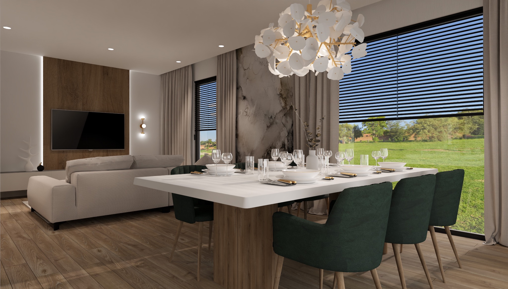 Wnętrze jadalni z dużym oknem z widokiem na zieleń, biały stół nakryty zastawą, ciemnozielone krzesła i nowoczesna lampa w kształcie kwiatu.