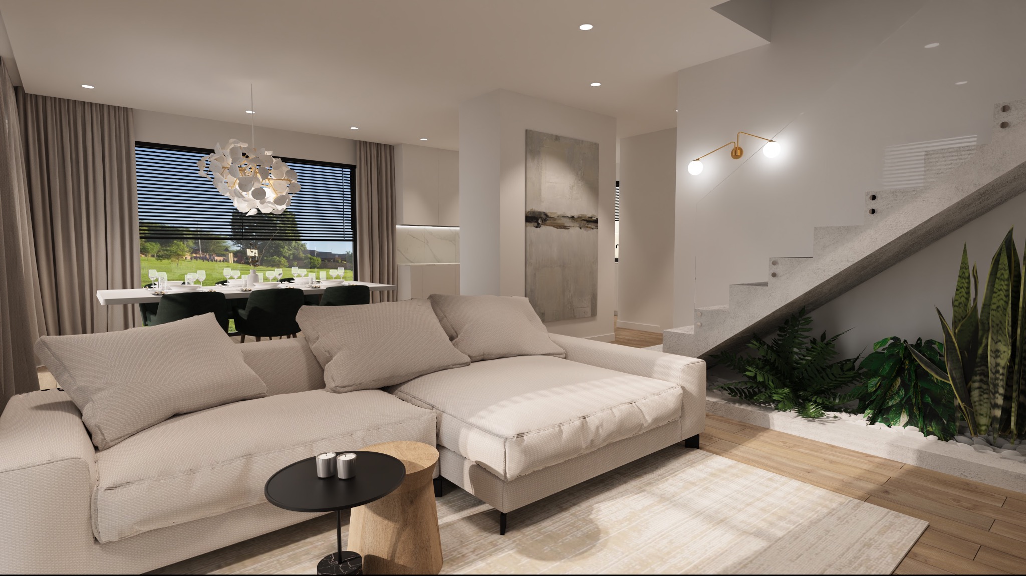 Nowoczesny salon z beżową sofą narożną, stolikiem kawowym, schodami z roślinami i jadalnią w tle, oświetlony designerską lampą.