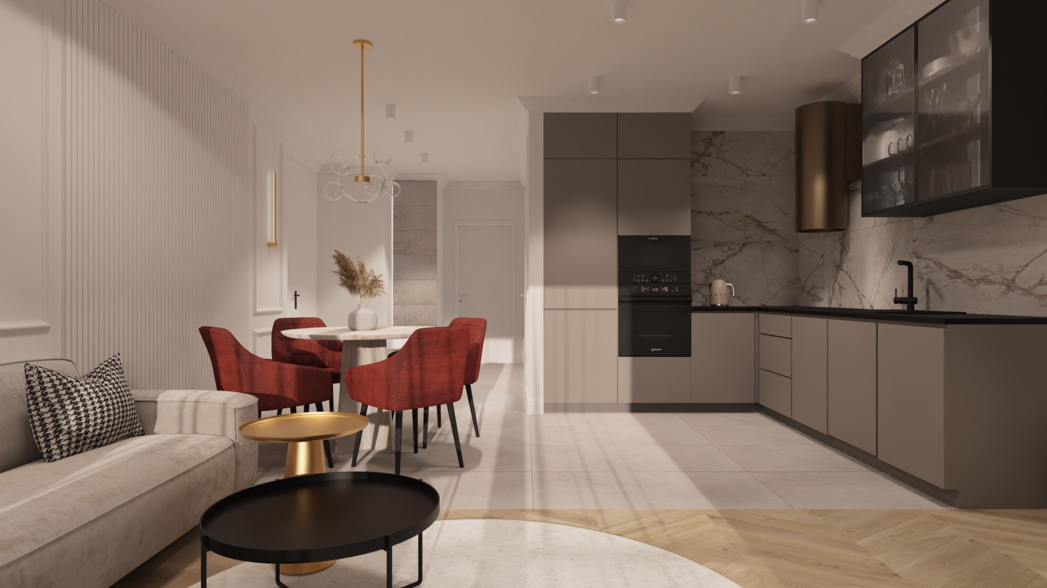 Nowoczesne wnętrze: salon z kuchnią w odcieniach beżu i brązu, z akcentami w postaci czerwonych krzeseł i złotych stolików kawowych. Widoczny fragment sofy z poduszką w pepitkę, okrągły dywan...