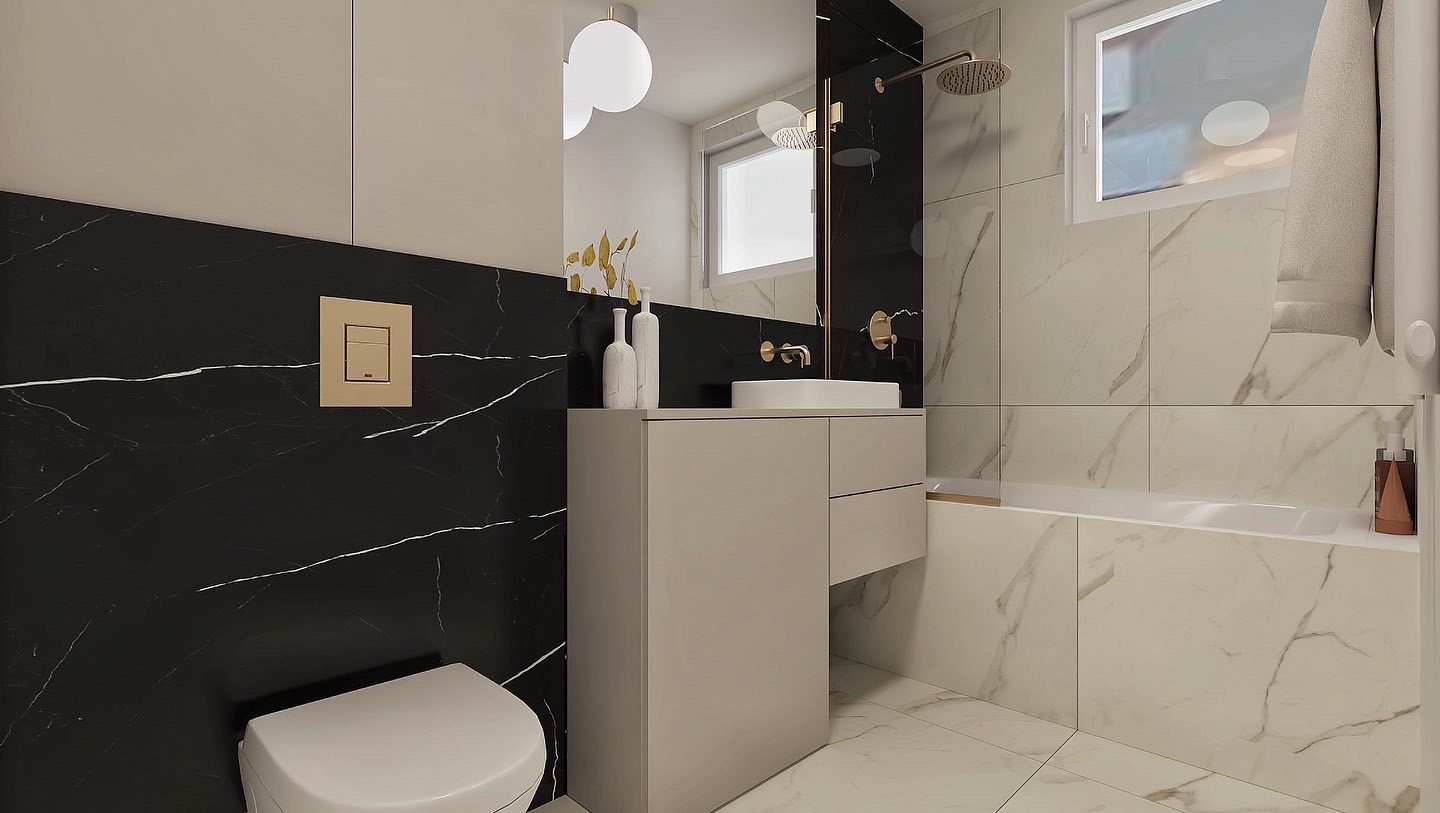 Wizualizacja nowoczesnej łazienki z czarnymi marmurowymi ścianami, beżową szafką pod umywalką, białym sedesem i wanną obłożoną białymi marmurowymi płytkami.