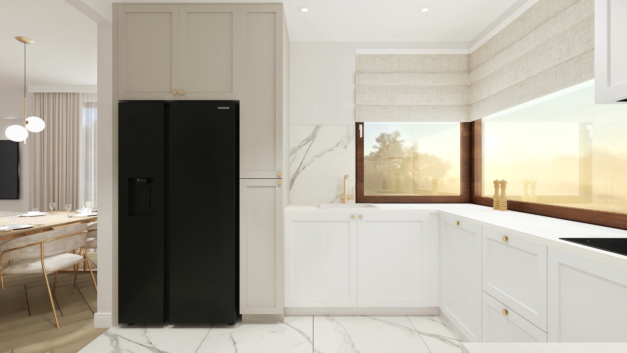 Wizualizacja nowoczesnej kuchni z czarną lodówką Samsung side-by-side, białymi szafkami z okrągłymi złotymi uchwytami, marmurową ścianą nad blatem i dużym oknem z drewnianą ramą, przez które wpada...