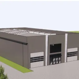 Wizualizacja 3D szarej hali magazynowej z oknami dachowymi, trzema bramami rolowanymi i zaparkowanymi ciężarówkami z kontenerami w kolorach szarym, niebieskim i zielonym oraz ciemnoniebieskim vanem.