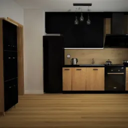 Nowoczesna kuchnia z czarnymi szafkami górnymi i drewnianymi dolnymi, oświetlona trzema wiszącymi lampami z żarówkami Edisona, minimalistyczny styl.