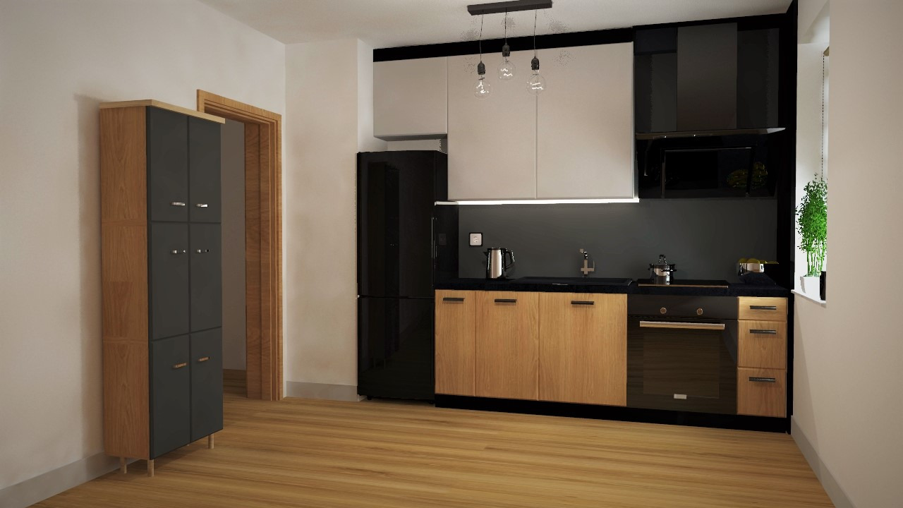 Wnętrze kuchni w stylu nowoczesnym z drewnianymi frontami szafek dolnych, czarnym sprzętem AGD i wiszącymi lampami z żarówkami Edisona.