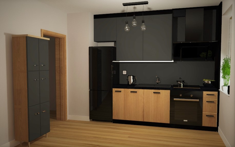 Wizualizacja kuchni z drewnianymi szafkami dolnymi, czarnymi szafkami górnymi i czarną lodówką, oświetlona trzema żarówkami na czarnym przewodzie, z wysoką szafką stojącą obok drewnianej futryny...
