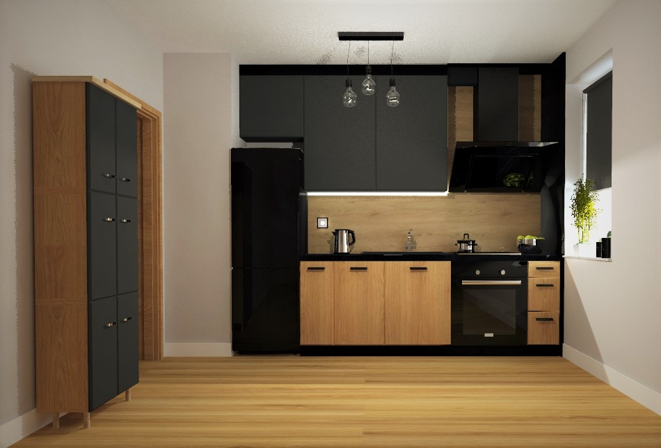 Wizualizacja kuchni z czarnymi szafkami górnymi i drewnianymi dolnymi, czarną lodówką i wiszącymi lampami żarówkami, duży regał z czarnymi frontami po lewej stronie.