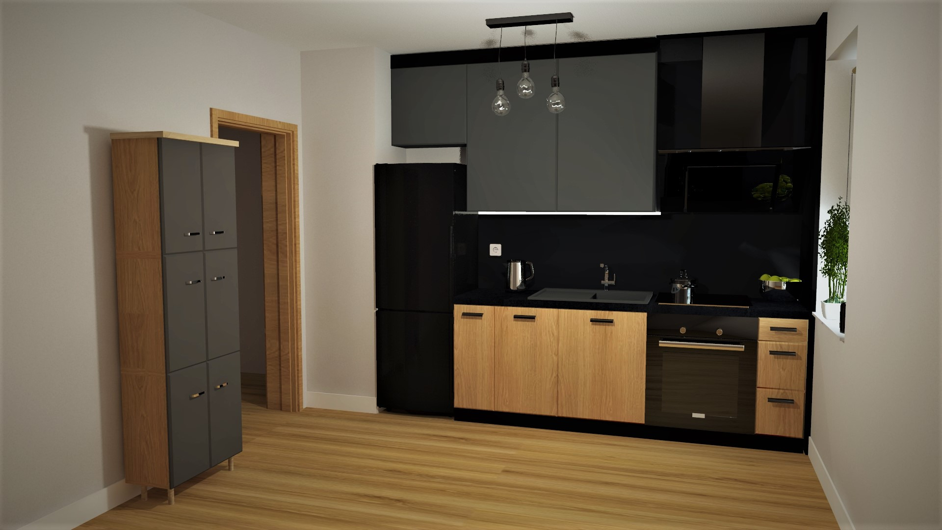 Wizualizacja nowoczesnej kuchni z drewnianymi frontami szafek dolnych, czarnymi szafkami górnymi i czarnym sprzętem AGD, oświetlona trzema wiszącymi lampami z żarówkami Edisona.