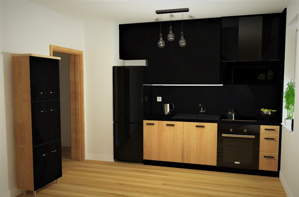 Nowoczesna kuchnia z drewnianymi szafkami dolnymi i czarnymi górnymi, minimalistyczne oświetlenie wiszące z trzema żarówkami, czarny sprzęt AGD i jasna drewniana podłoga.