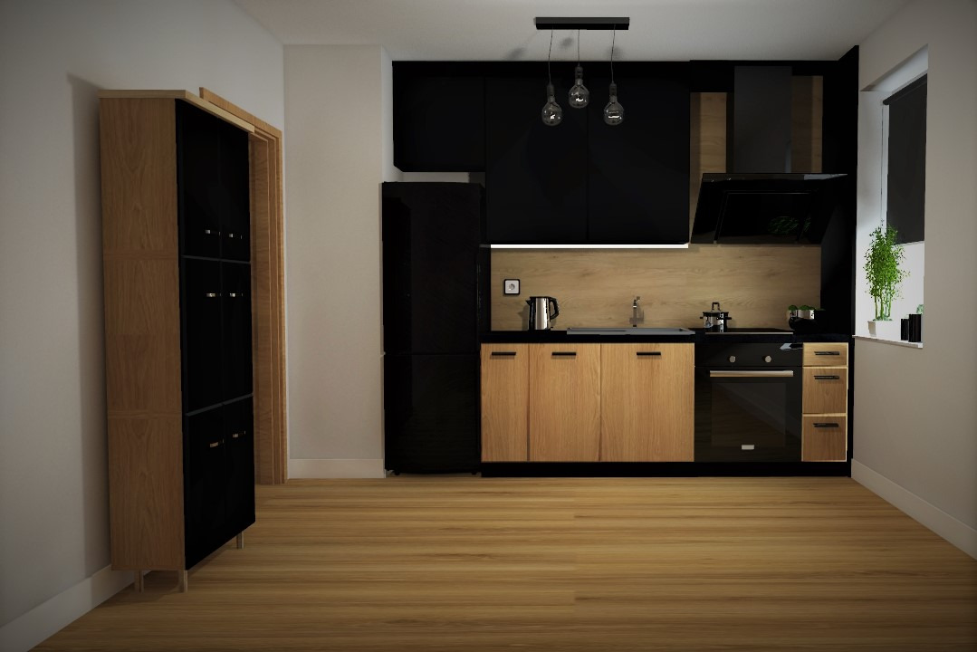 Nowoczesna kuchnia z czarnymi szafkami górnymi i drewnianymi dolnymi, oświetlona trzema wiszącymi lampami z żarówkami Edisona, minimalistyczny styl.