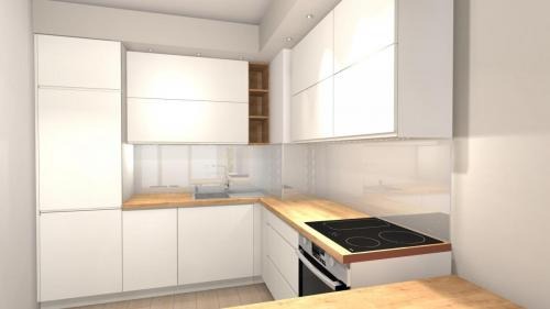 Wizualizacja białej, nowoczesnej kuchni z drewnianym blatem, białymi, gładkimi frontami szafek i płytą indukcyjną. Widoczne półki w szafce narożnej.