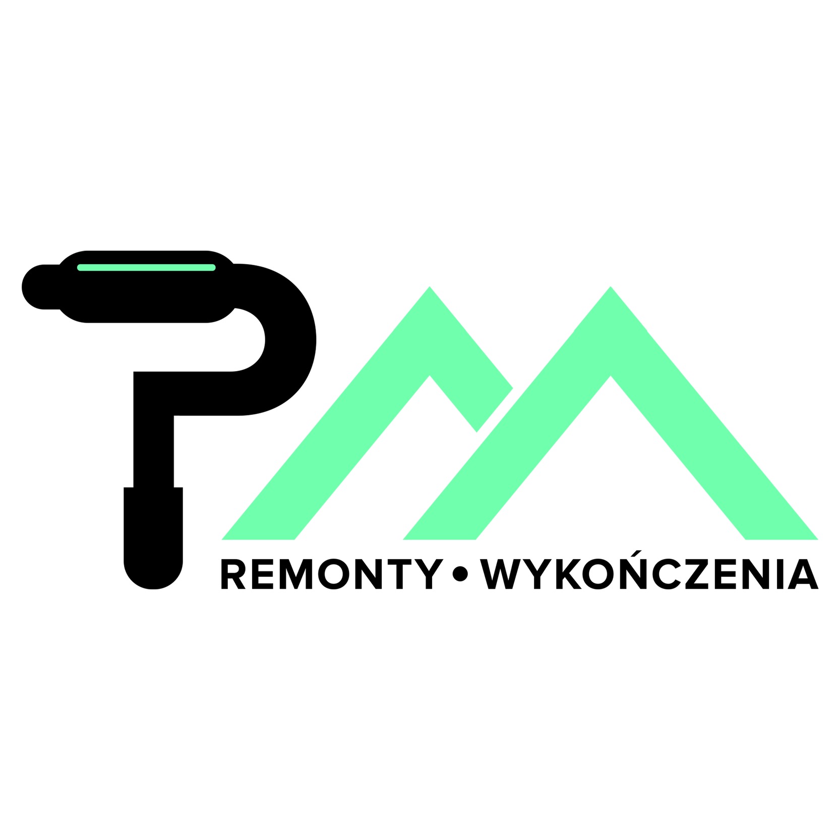 Logo firmy remontowej: stylizowany kran w kolorze czarnym i dwa zielone szczyty górskie, napis 'Remonty Wykończenia'.