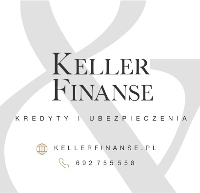 Logo firmy Keller Finanse oferującej kredyty i ubezpieczenia, z adresem strony internetowej i numerem telefonu na białym tle z szarym, abstrakcyjnym tłem.