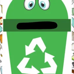 Ilustracja zielonego kosza na śmieci z oczami i symbolem recyklingu na białym tle z obramowaniem z ilustracji śmieci.