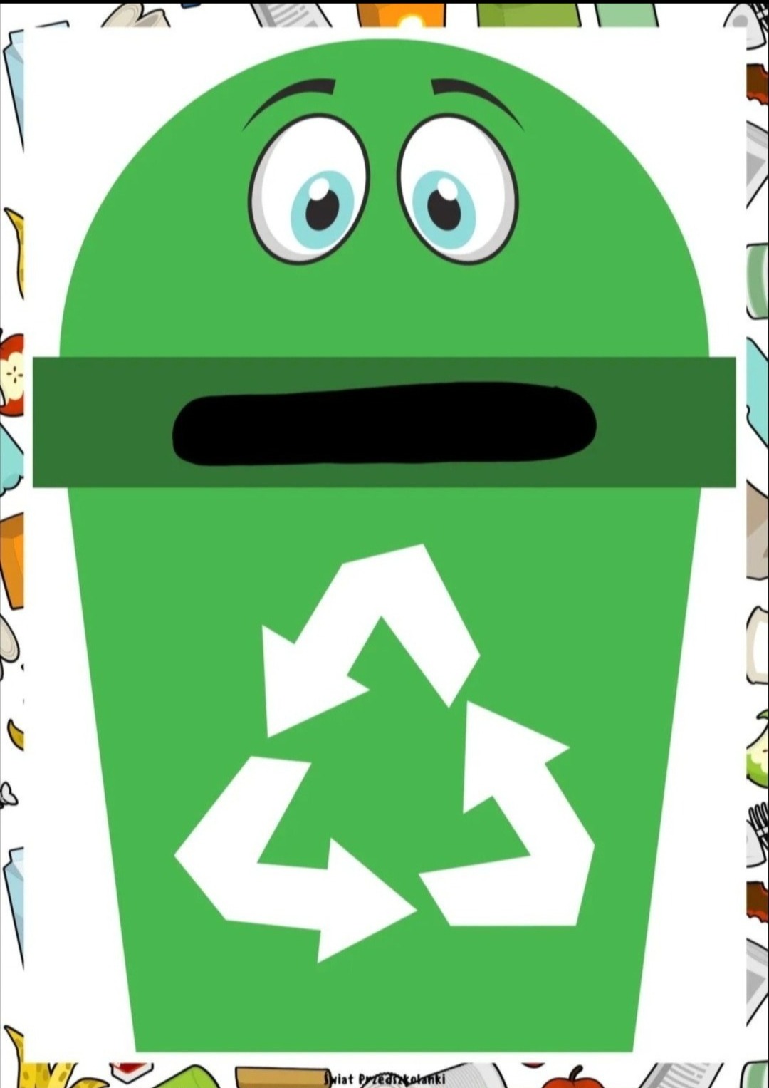 Ilustracja zielonego kosza na śmieci z oczami i symbolem recyklingu na białym tle z obramowaniem z ilustracji śmieci.