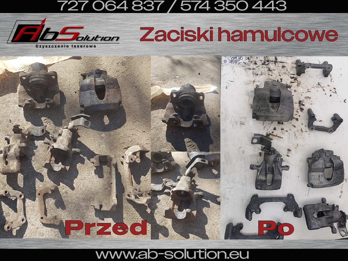 Zaciski hamulcowe przed i po czyszczeniu, widoczne różnice w stopniu zabrudzenia i korozji, z lewej elementy zanieczyszczone i zardzewiałe, z prawej oczyszczone i odtłuszczone.
