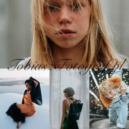 tobiaszfotograf - Kompozycja z portretem młodej dziewczyny z blond włosami w górnej części, poniżej kolaż pięciu zdjęć kobiet w różnych stylizacjach i sceneriach, nałożony tekst 'TobiaszFotograf.pl'.
