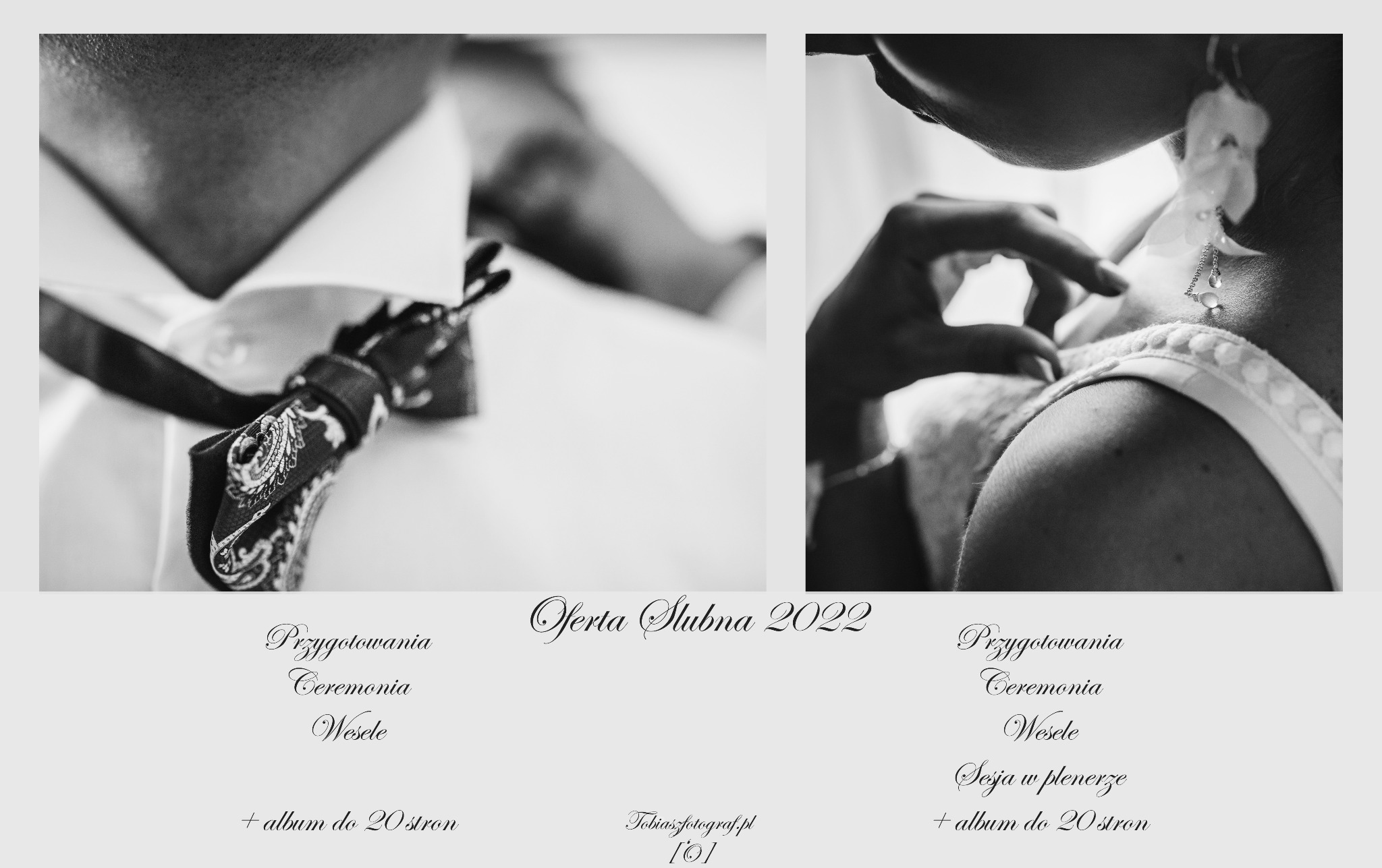 Czarno-białe zbliżenie: po lewej mężczyzna zawiązuje wzorzystą muchę, po prawej kobieta poprawia kolczyk z kryształkami, przygotowując się do ceremonii.