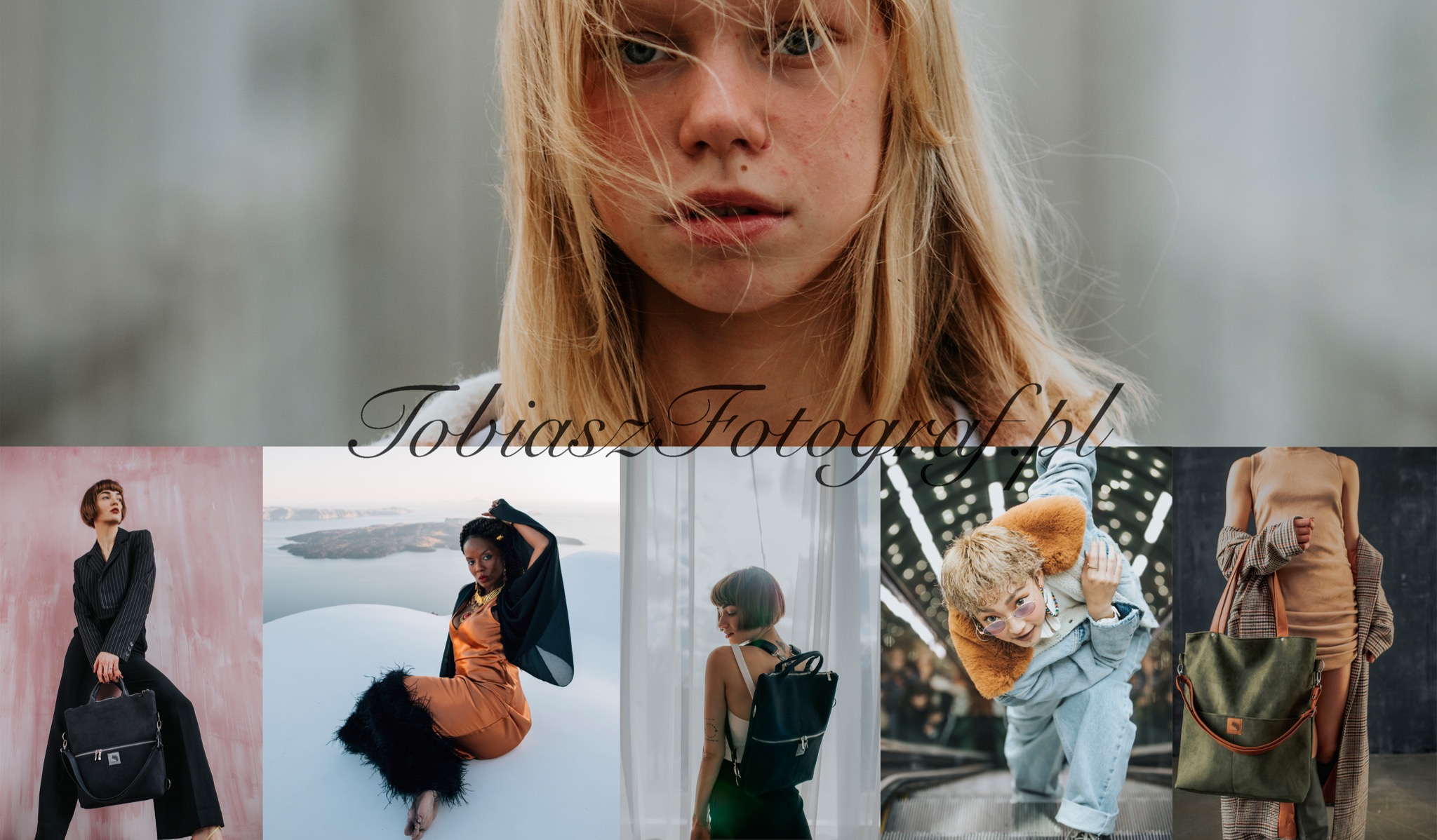 Kompozycja z portretem młodej dziewczyny z blond włosami w górnej części, poniżej kolaż pięciu zdjęć kobiet w różnych stylizacjach i sceneriach, nałożony tekst 'TobiaszFotograf.pl'.