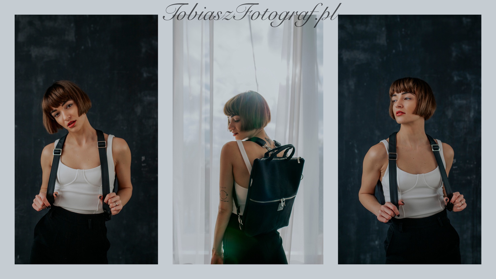 Portret kobiety z krótkimi włosami w białym topie i czarnych spodniach, pozującej z plecakiem na tle okna i ciemnej ściany, w potrójnej ekspozycji.
