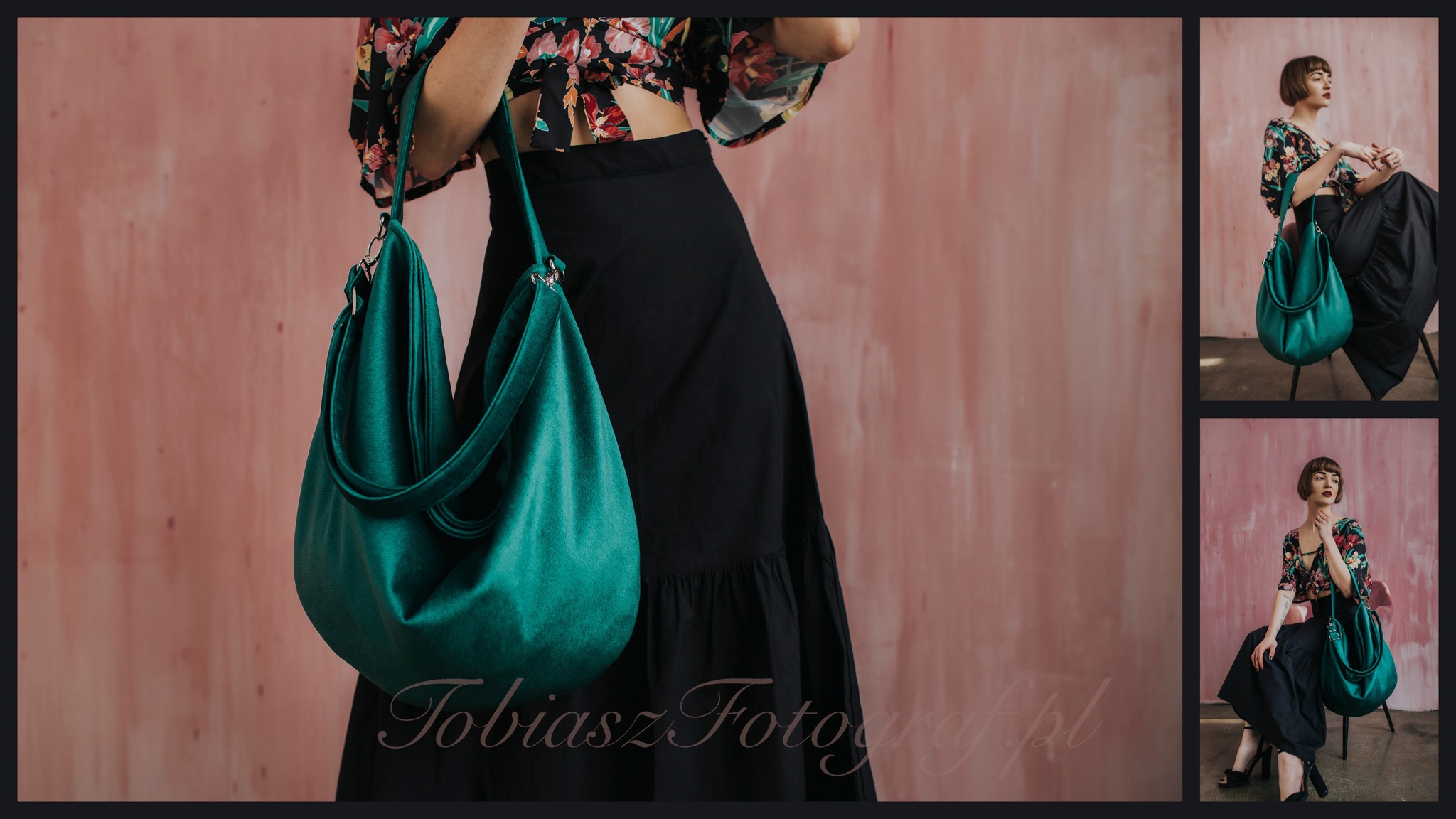 Kobieca sesja zdjęciowa z modelką prezentującą dużą, szmaragdową torbę na tle różowej ściany, w kwiecistej bluzce i czarnej spódnicy.