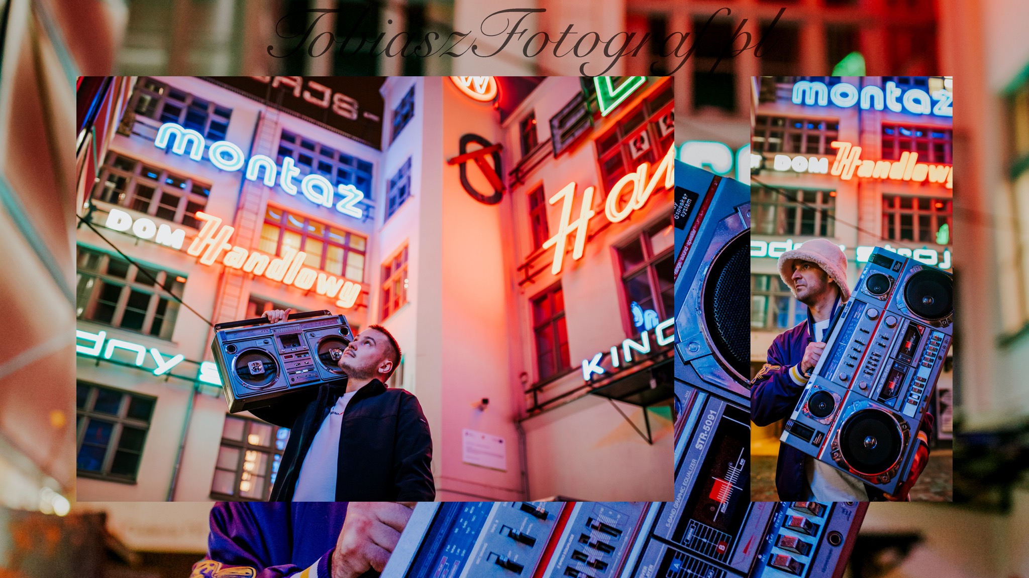 Młody mężczyzna z boomboxem na tle neonowych napisów 'Montaż Dom Handlowy' i innych, w klimacie miejskiego retro.