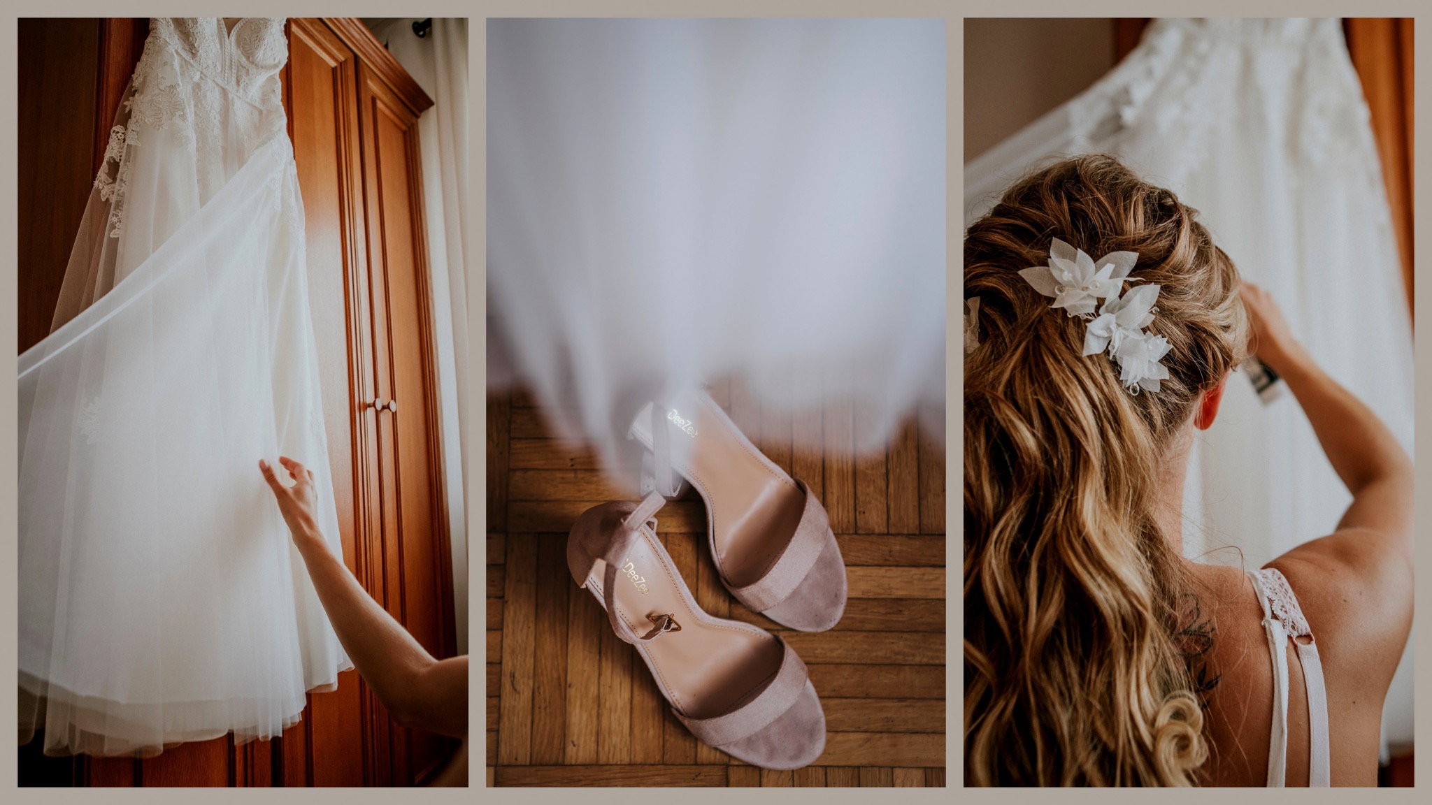 Kolaż trzech ujęć: suknia ślubna wisząca na szafie z dotykającą jej ręką, beżowe buty na drewnianej podłodze oraz fryzura ślubna z białymi kwiatami we włosach.