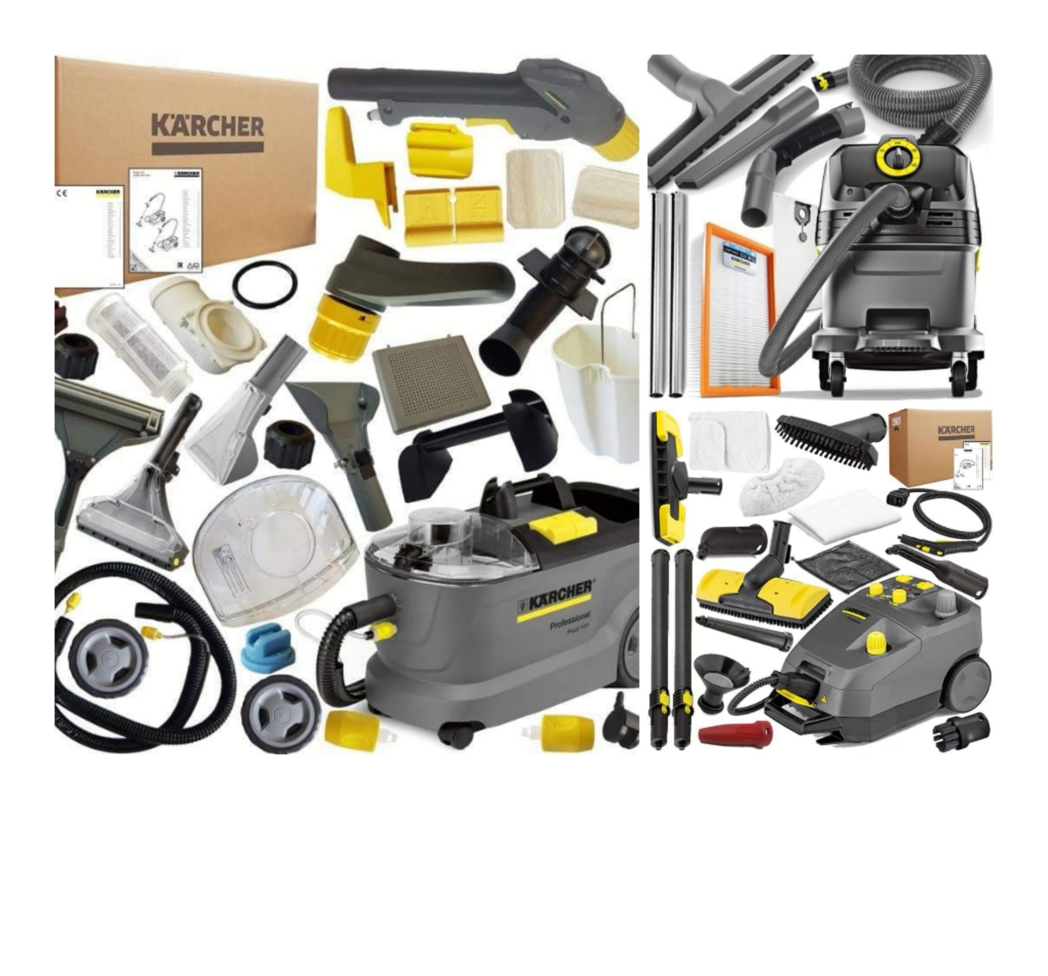 Zestaw akcesoriów i urządzeń czyszczących Kärcher, w tym odkurzacze piorące, dysze, szczotki, filtry i instrukcje, rozłożone na białym tle.