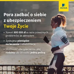 Kobieta w sportowym stroju biegnie brzegiem rzeki, słuchając muzyki, obok hasło reklamowe dotyczące ubezpieczenia na życie firmy Aviva.