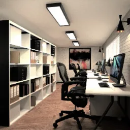 Wizualizacja biura: rzędy białych biurek z komputerami i czarnymi krzesłami obrotowymi, regał z segregatorami i dokumentami, oświetlenie sufitowe i ścienne, ściana z białej cegły, abstrakcyjny...