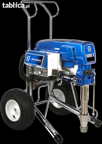 Profesjonalny agregat malarski Graco Mark X na chromowanym wózku z czarnymi oponami, przeznaczony do malowania maszynowego.