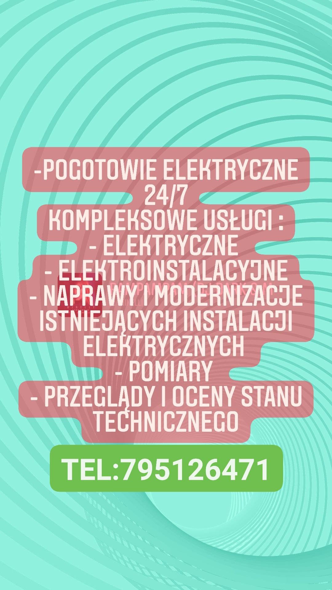 Grafika reklamowa pogotowia elektrycznego 24/7 oferującego kompleksowe usługi elektryczne, elektroinstalacyjne, naprawy, modernizacje, pomiary oraz przeglądy i oceny stanu technicznego z numerem...