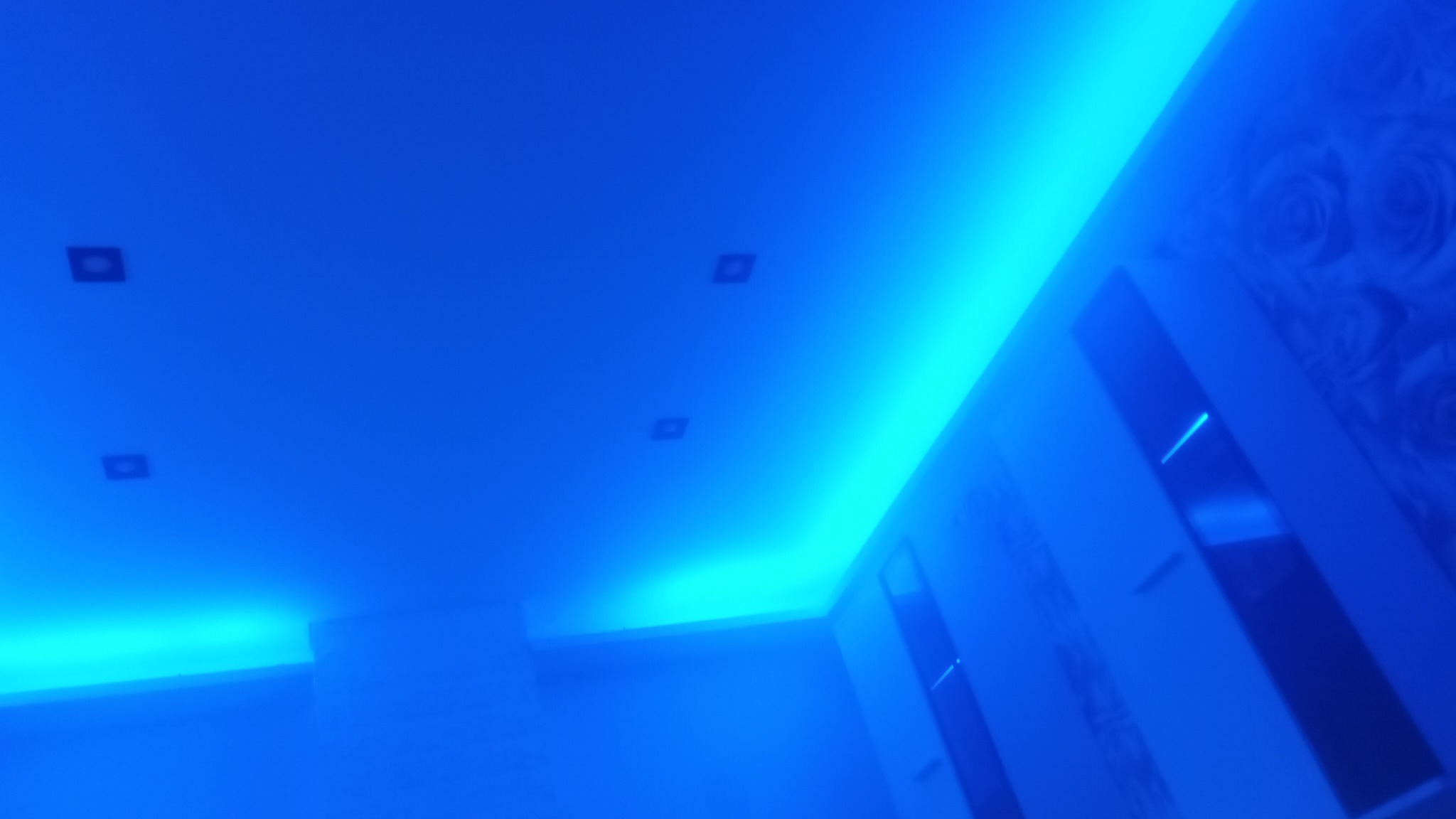 Niebieskie oświetlenie LED sufitu podwieszanego z czterema małymi kwadratowymi lampami punktowymi i fragmentem ściany z tapetą w kwiaty.