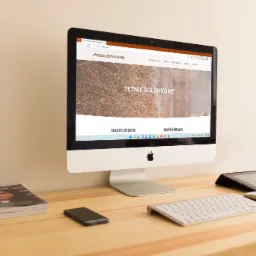 Ekran komputera iMac wyświetlający stronę internetową solankowa.pl z nagłówkiem 'Tężnie Solankowe', na biurku obok leżą: smartfon, klawiatura Apple, tablet w etui, myszka Apple oraz lampka biurkowa...