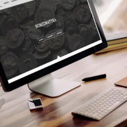 Monitor wyświetla stronę internetową sklepu numizmatycznego z motywem monet, leżący na drewnianym biurku obok klawiatury, myszki, smartfona i pióra.