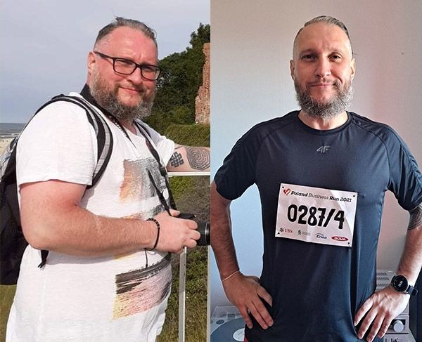 Mężczyzna przed i po utracie wagi, widoczne zmiany w sylwetce i rysach twarzy, na pierwszym planie plaża i ruiny, na drugim numer startowy z biegu.