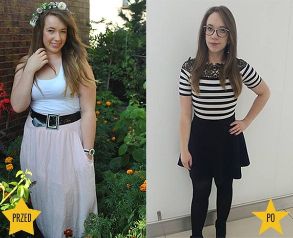 Kobieta przed i po zmianie wagi, po lewej w kwiecistym wianku na tle ceglanej ściany i zieleni, po prawej w okularach i czarno-białej bluzce na tle białej ściany.